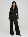 Pyjama Suit Satin Black Blue Piping